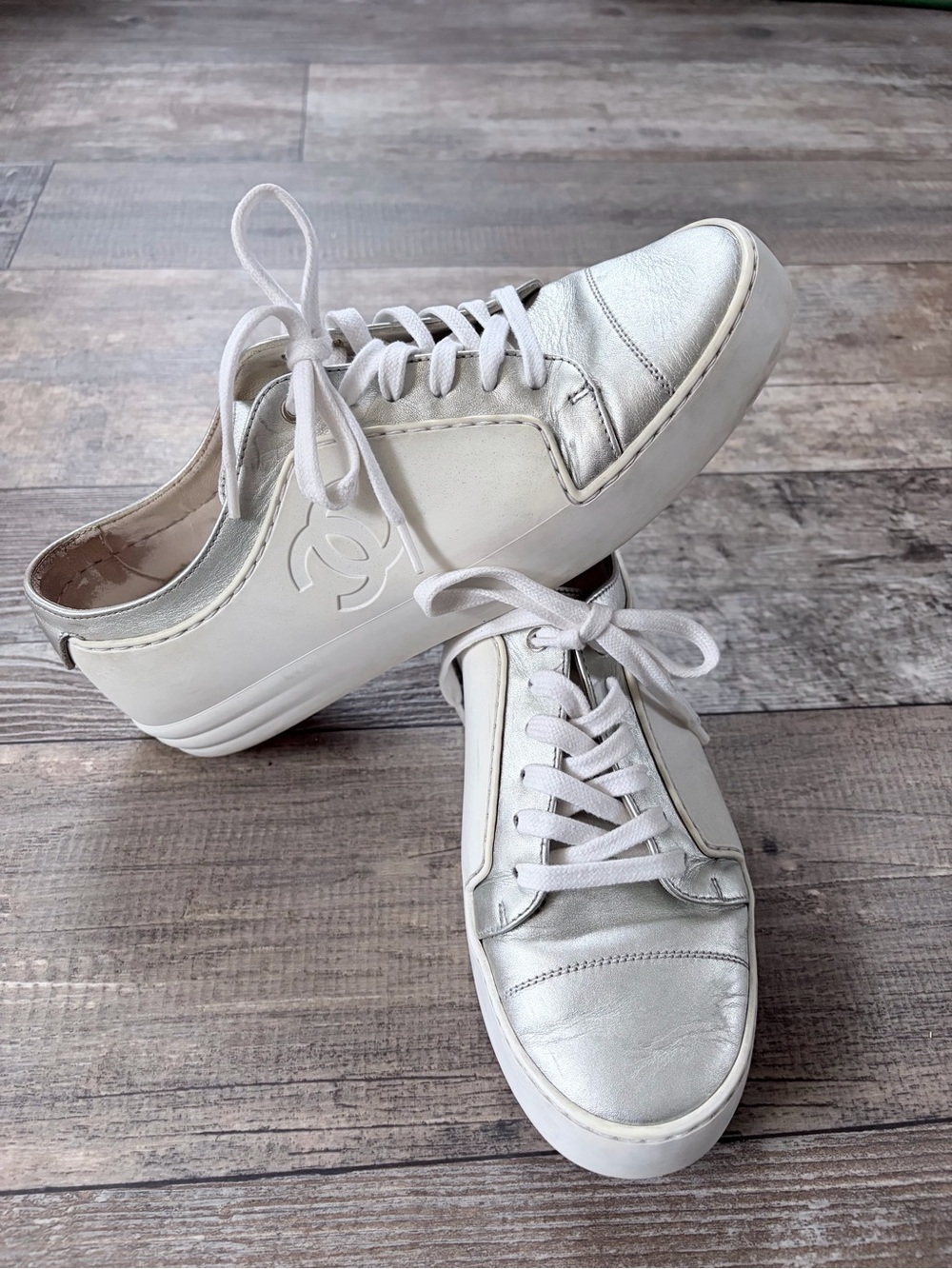 Chanel Sz 38 Logo White Silver Sneakers Shoes